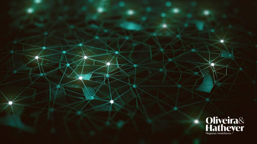 Rede digital abstrata representando tecnologia, dados e inteligência artificial no mercado imobiliário.
